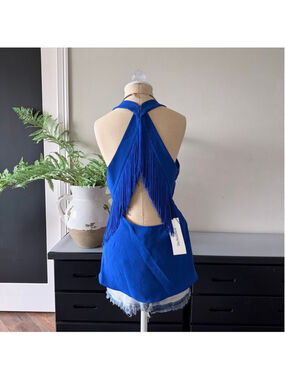 BCBG Max Azria Cobalt Blue Backless Fringe Top Size M Sexy Summer